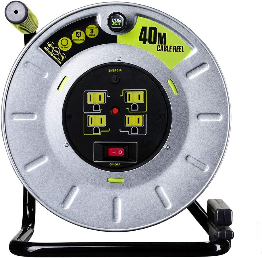 Extensión Eléctrica de 40 Mts Tipo Carrete para Uso Rudo, Calibre 14 AWG, con 4 Multicontactos y Switch + Indicador LED