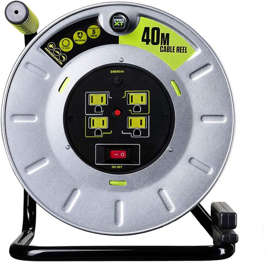 Extensión Eléctrica de 40 Mts Tipo Carrete para Uso Rudo, Calibre 14 AWG, con 4 Multicontactos y Switch + Indicador LED