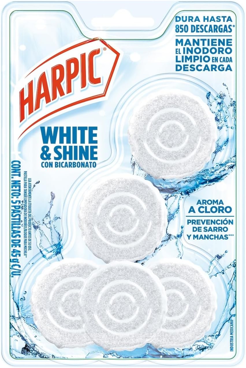 Harpic White & Shine Pastillas Acuaticas con Cloro, 5 piezas