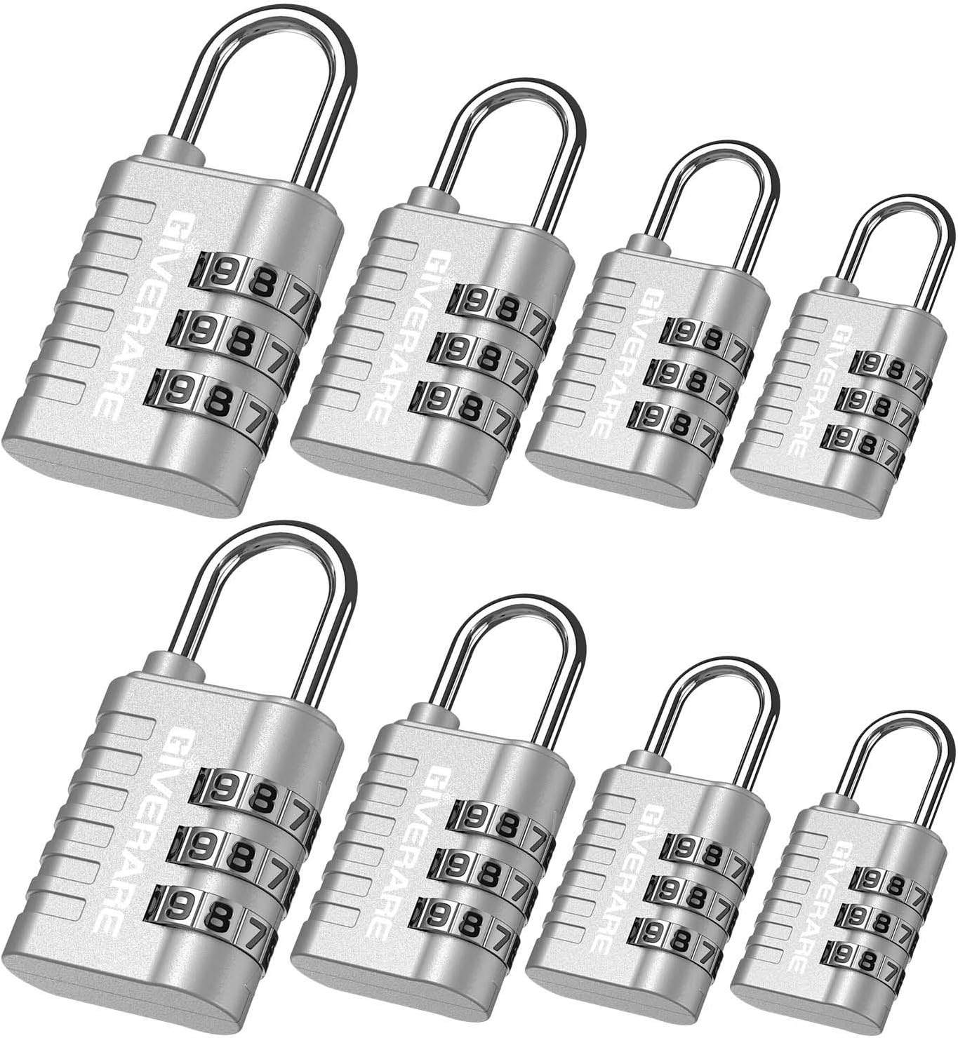 GIVERARE - Paquete de 8 candados de combinación, 3 dígitos sin llave, cerraduras de equipaje reiniciables para mochila, 