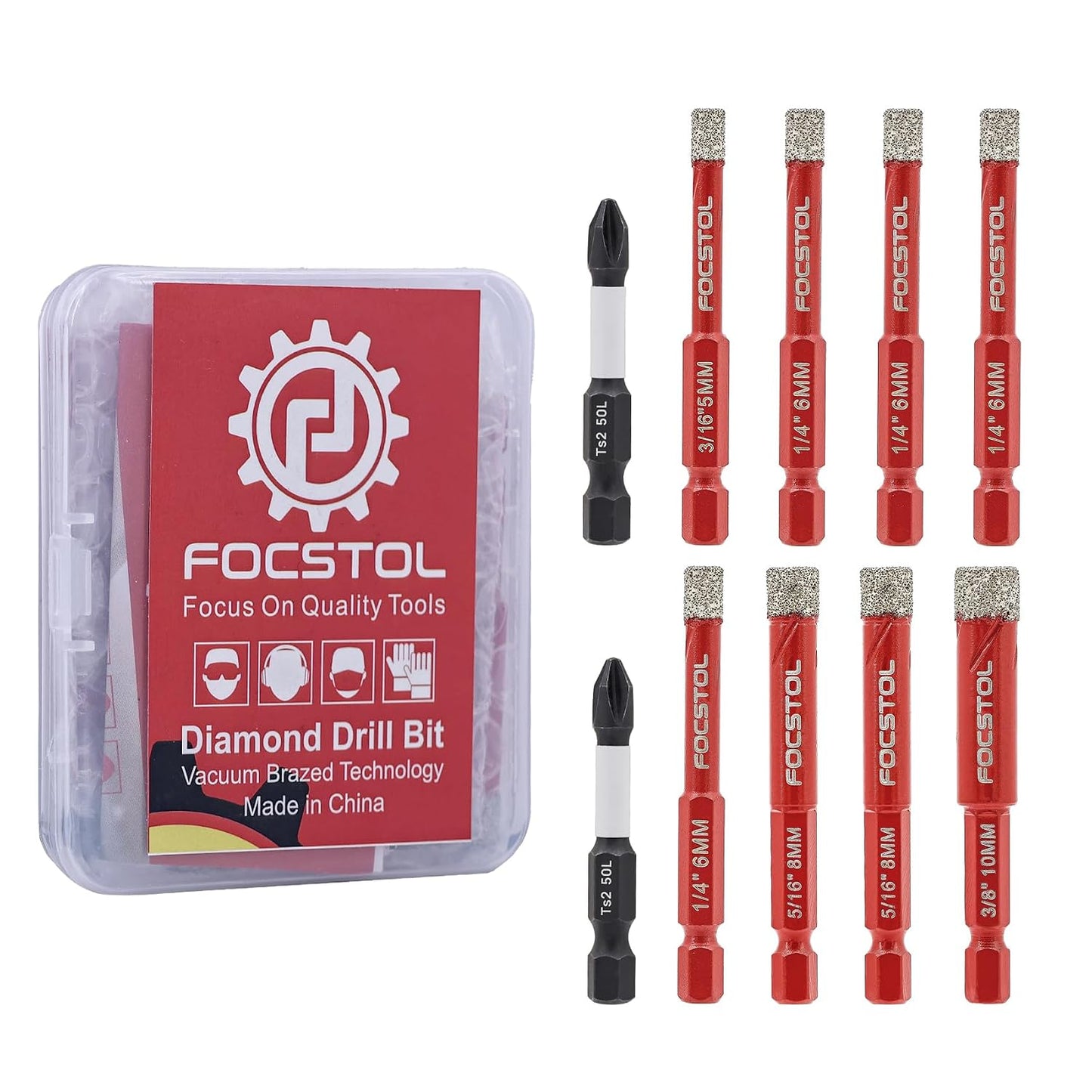 FOCSTOL Juego de Brocas Diamantada 10 piezas, 3/16''-3/8'' Brocas para Porcelánico con Mango Hexagonal Cambio Rápido par