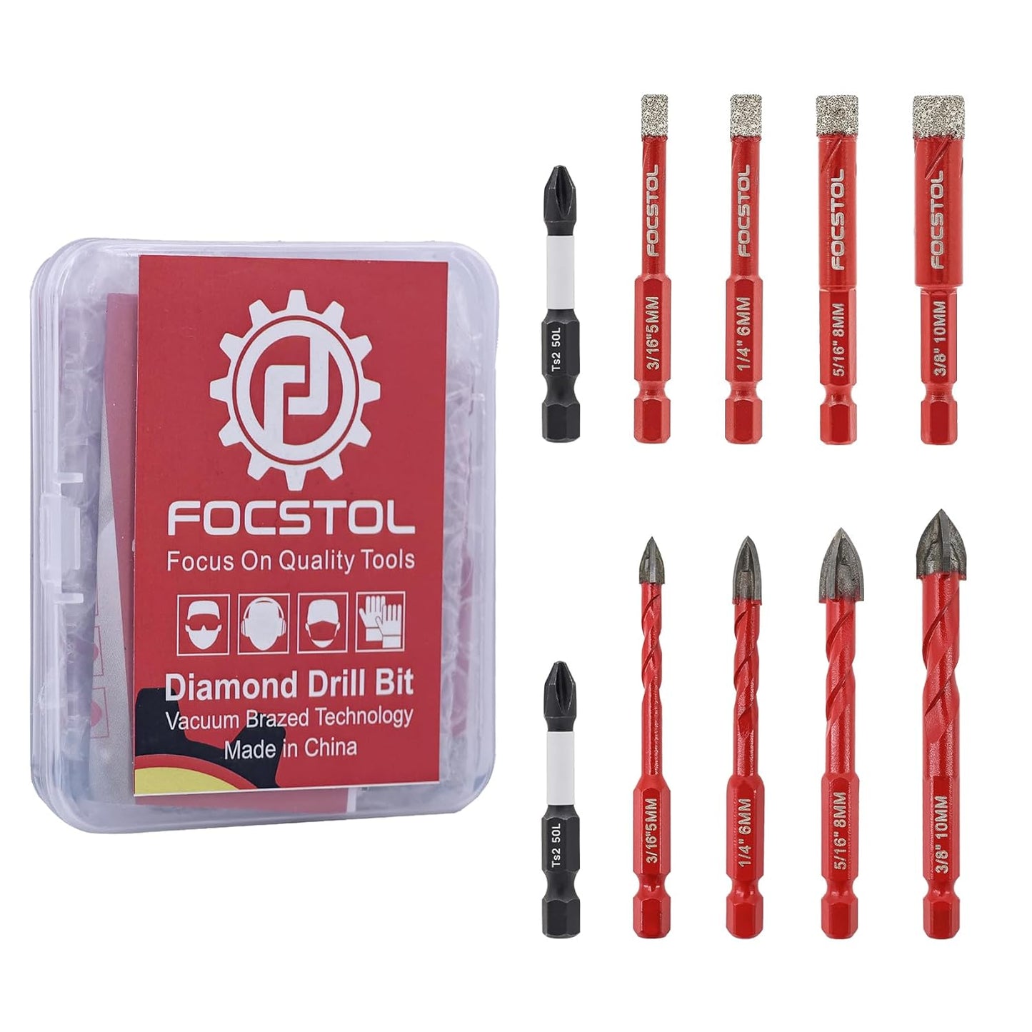 FOCSTOL Juego de Brocas Diamantada 10 piezas, 3/16''-3/8'' Brocas para Porcelánico con Mango Hexagonal Cambio Rápido par