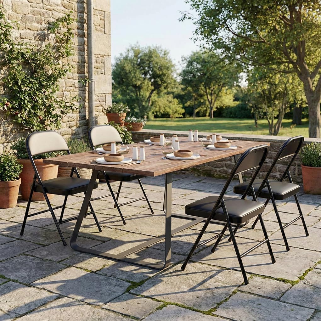 VANLIG | Set 4 Sillas Plegables Acolchadas Negras | Asiento Cómodo con Respaldo | Estructura Metálica Resistente | Cuero