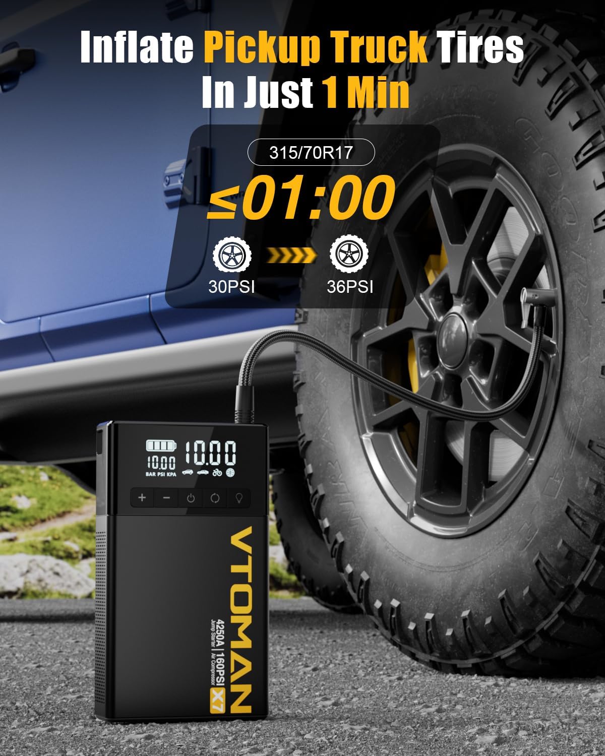 VTOMAN X7 - Arrancador de batería con compresor de aire, batería 4250A y 160PSI, paquete de refuerzo portátil (10 L de g