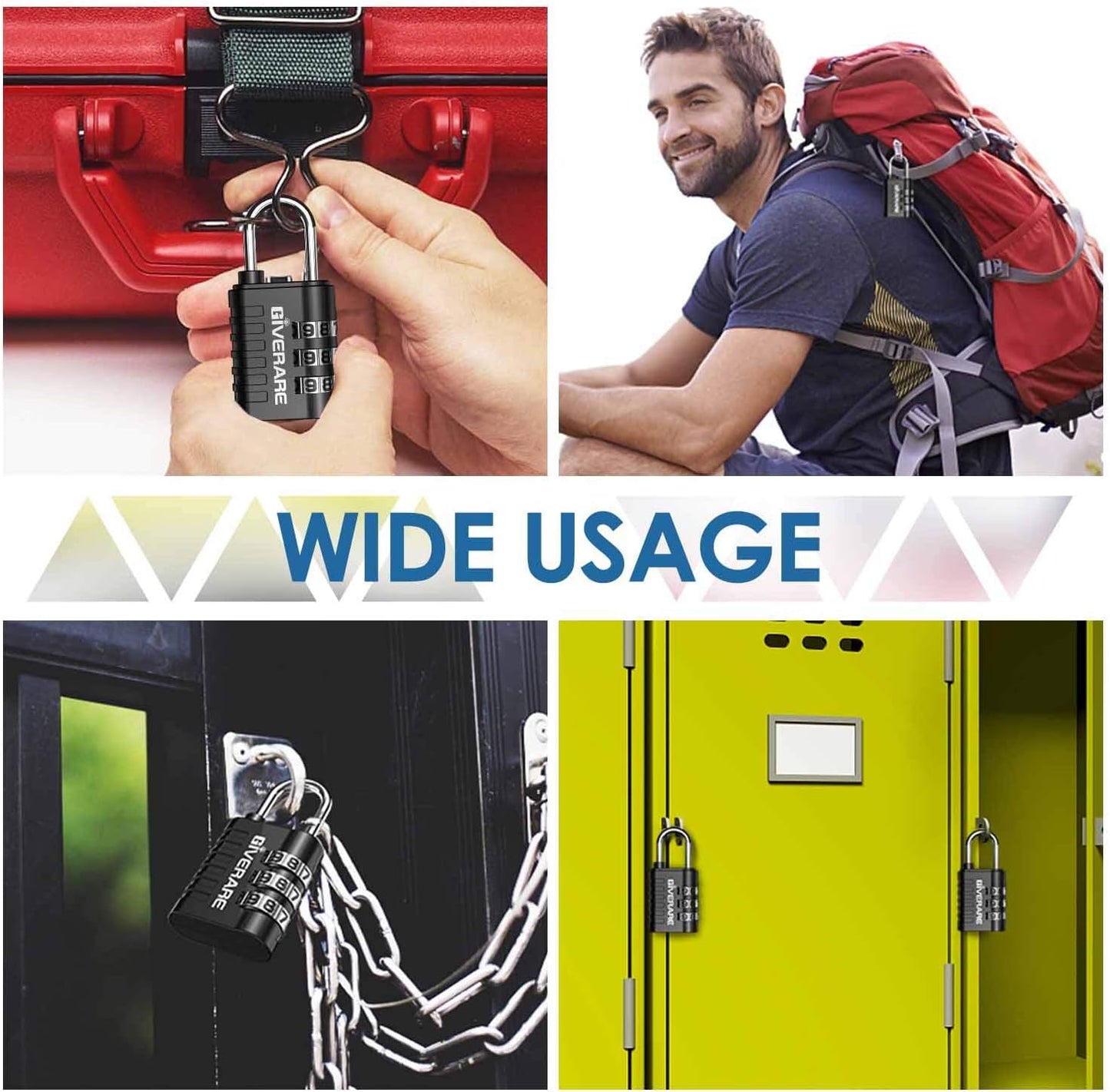 GIVERARE - Paquete de 8 candados de combinación, 3 dígitos sin llave, cerraduras de equipaje reiniciables para mochila, 