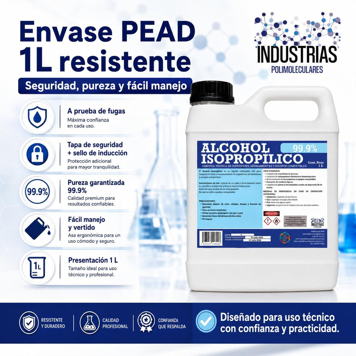 Alcohol Isopropílico 99.9%, 1 Litro, Limpiador para Electrónica, Herramientas e Impresión 3D en Resina