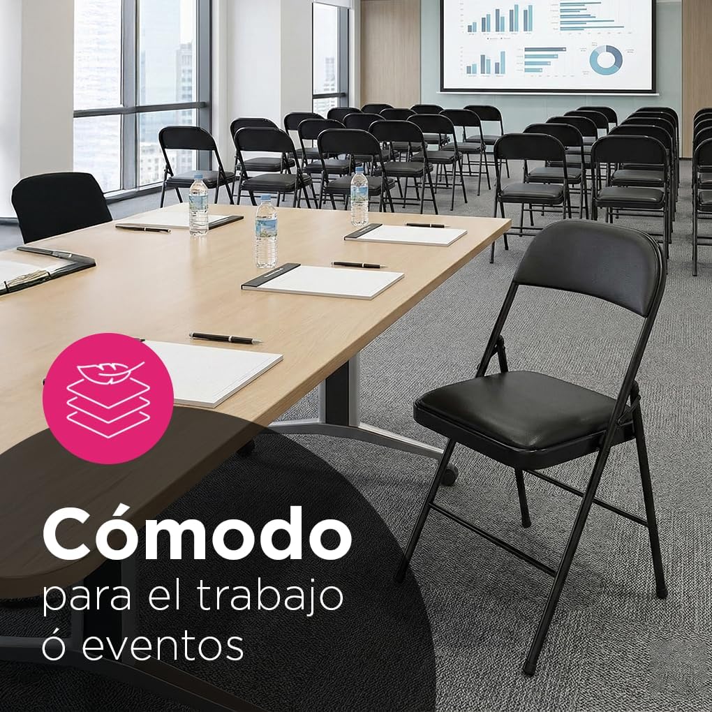 VANLIG | Set 4 Sillas Plegables Acolchadas Negras | Asiento Cómodo con Respaldo | Estructura Metálica Resistente | Cuero