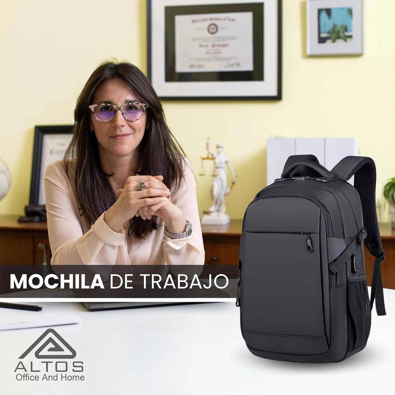 ALTOS OFFICE AND HOME Mochila para laptop, viajes de negocios y estudios, Puerto USB, Laptop hasta 15,6", negra, antirro