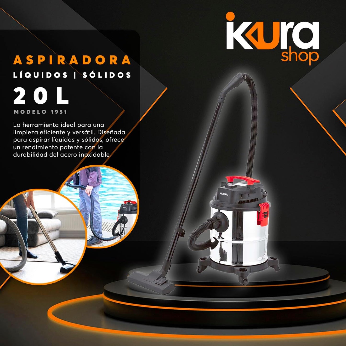 Adir Aspiradora de Sólidos y Líquidos 20 litros Modelo 1951 | Tanque de Acero Inoxidable | Aspiradora Multiusos para Hog