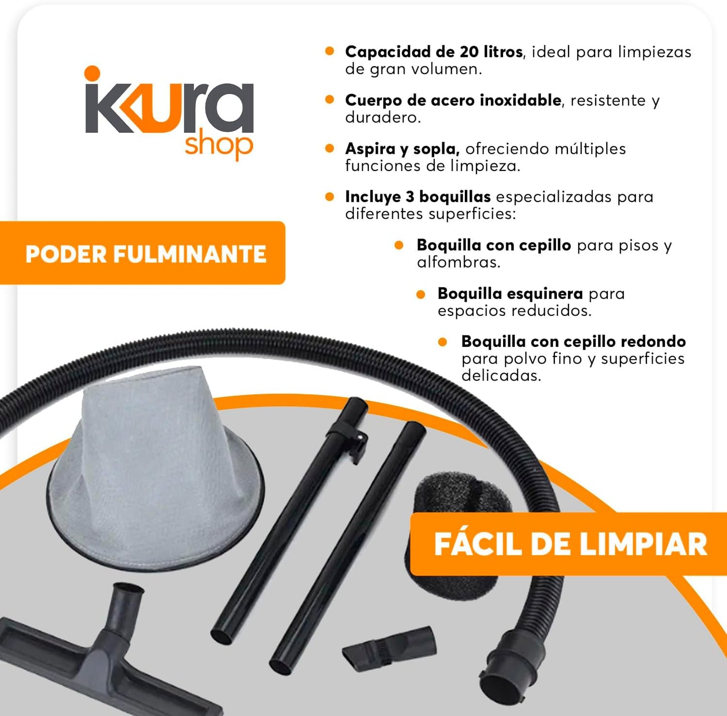 Adir Aspiradora de Sólidos y Líquidos 20 litros Modelo 1951 | Tanque de Acero Inoxidable | Aspiradora Multiusos para Hog