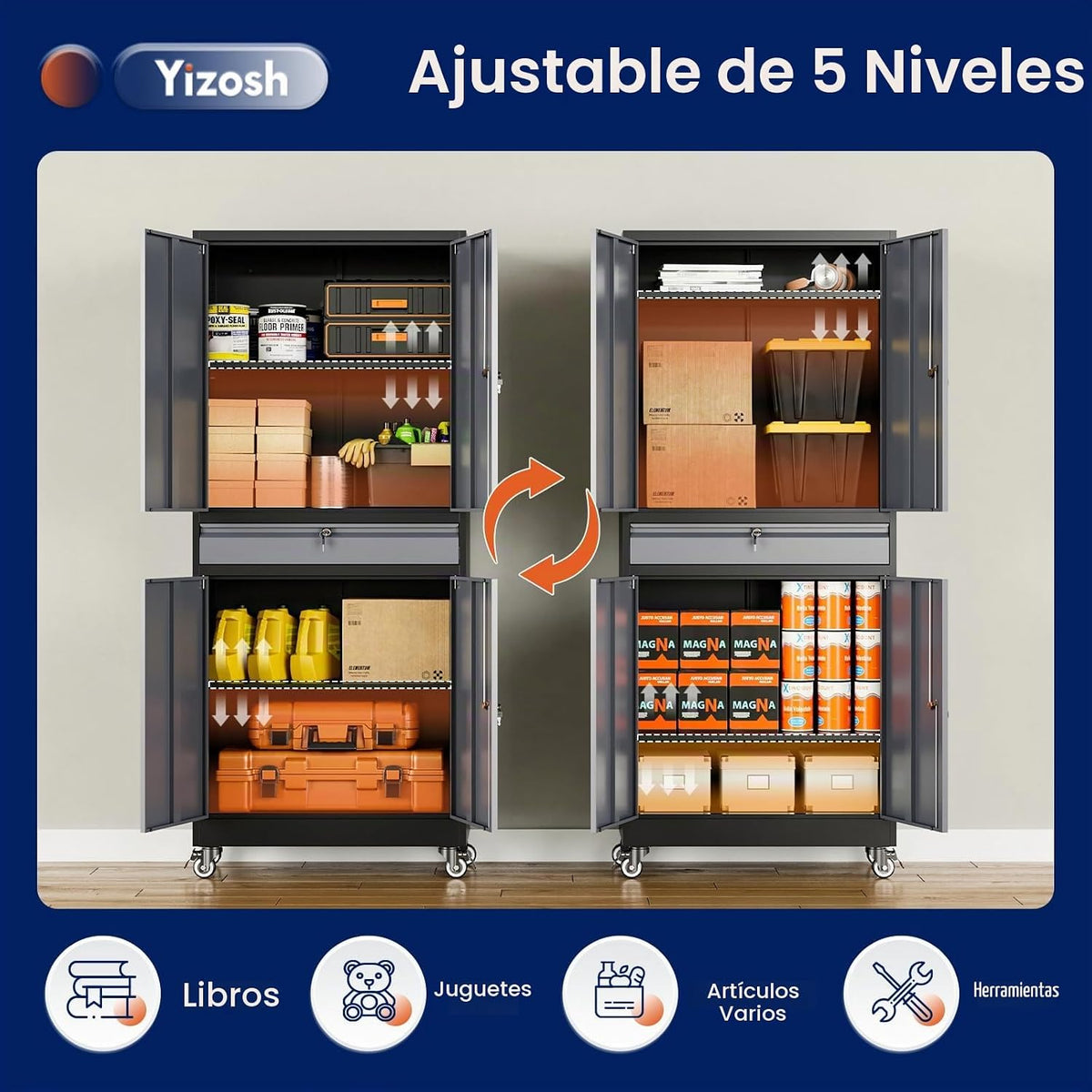 Yizosh - Gabinete metálico de almacenamiento, con puertas, con cerradura y repisas ajustables, para herramientas, con 4 
