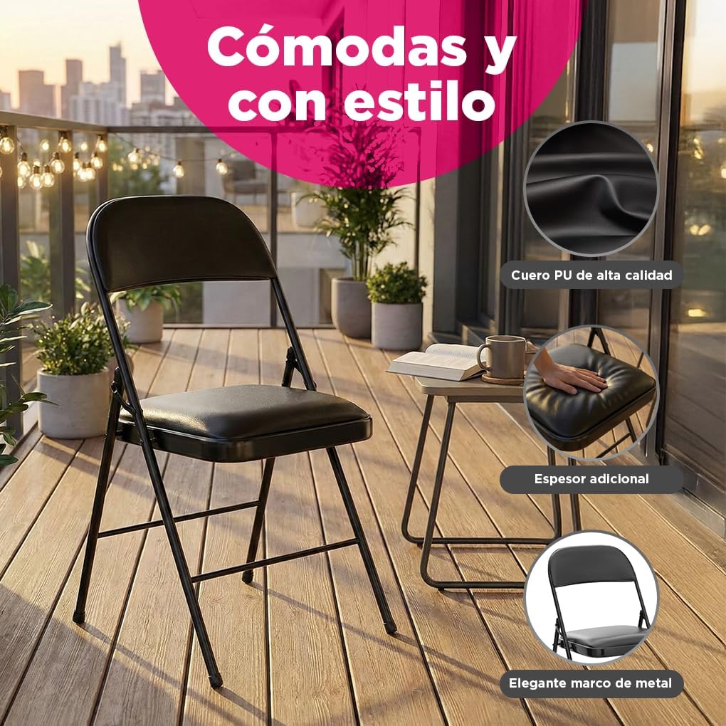 VANLIG | Set 4 Sillas Plegables Acolchadas Negras | Asiento Cómodo con Respaldo | Estructura Metálica Resistente | Cuero