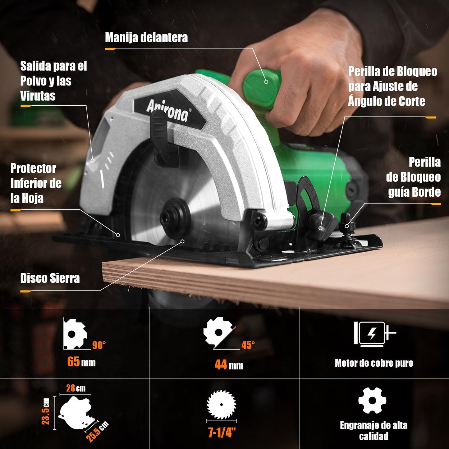 Anirona Sierra Circular Eléctrica 1600W, 7-1/4" Cierra Circular con Profundidad de Corte Ajustable de 2-9/16” (90°) a 1-