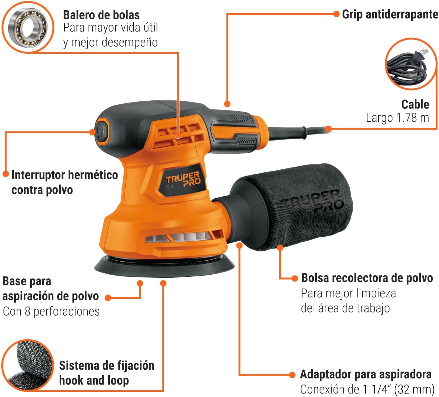 Truper PRO LIRO-5A2, Lijadora roto orbital 5", 260W