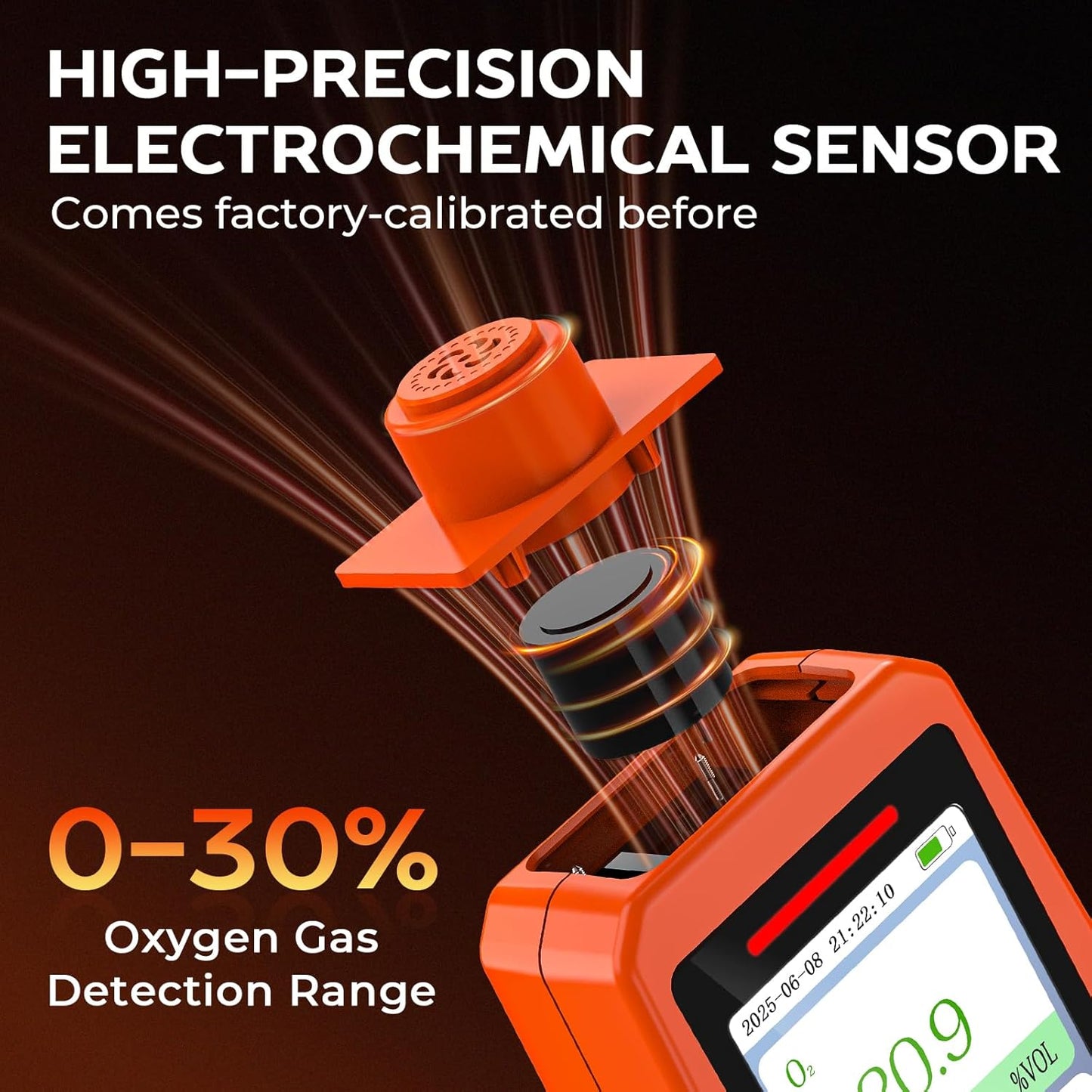 Detector de oxígeno portátil, monitor de O2 recargable con sonido, luz, alarmas de vibración, medidor de calidad del air