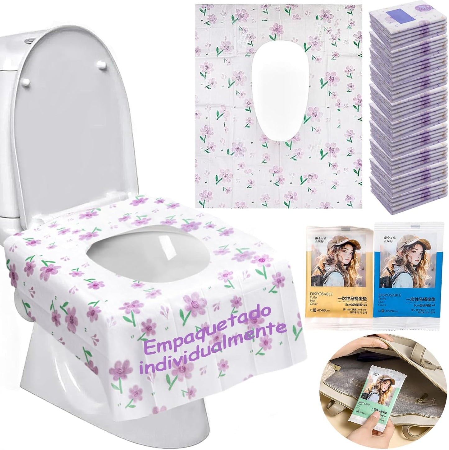 50 Piezas Tapas de Inodoro Desechables, Fundas de Toilet Seat Cover Desechables, Más Grande, para Viajes, Más Grueso e I