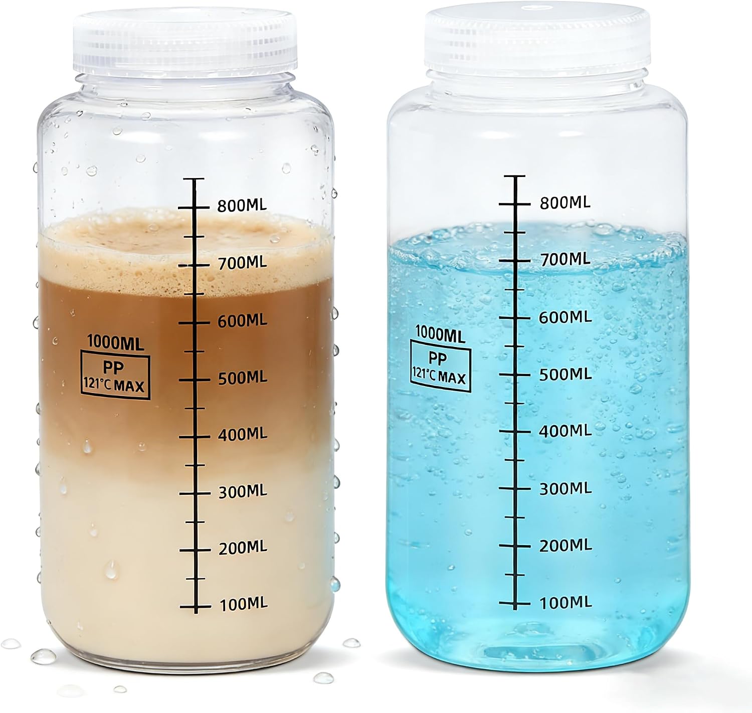 Botellas de plástico de boca ancha de 34 oz/1000 ml con tapas herméticas, recipientes graduados de polipropileno a prueb