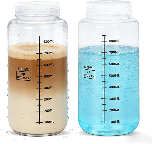 Botellas de plástico de boca ancha de 34 oz/1000 ml con tapas herméticas, recipientes graduados de polipropileno a prueb