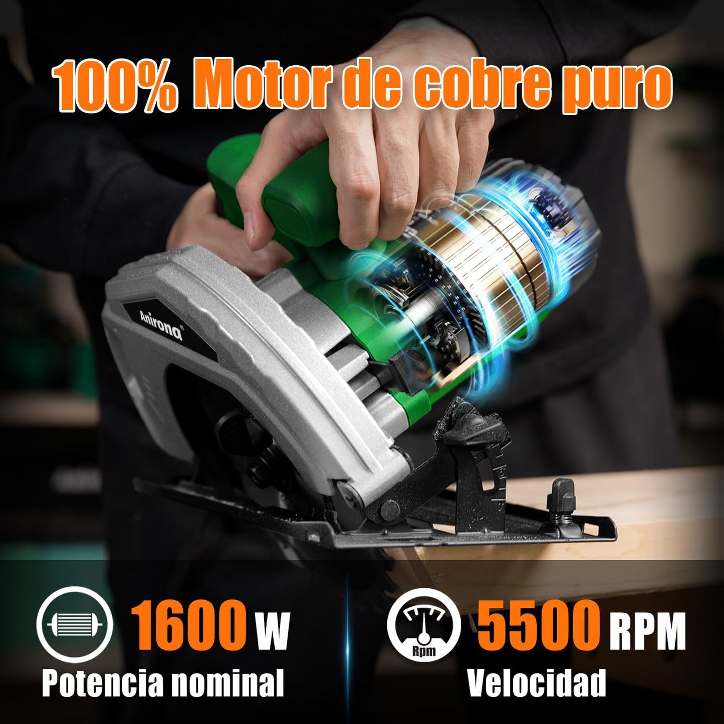 Anirona Sierra Circular Eléctrica 1600W, 7-1/4" Cierra Circular con Profundidad de Corte Ajustable de 2-9/16” (90°) a 1-