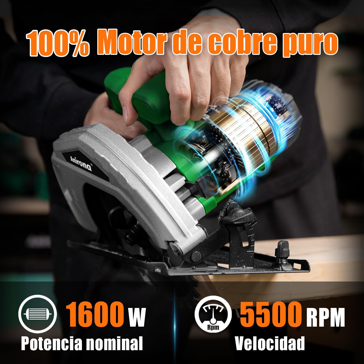 Anirona Sierra Circular Eléctrica 1600W, 7-1/4" Cierra Circular con Profundidad de Corte Ajustable de 2-9/16” (90°) a 1-
