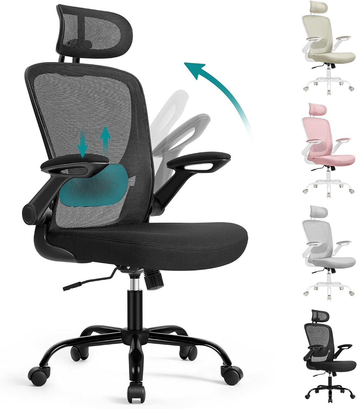 SONGMICS Silla de Oficina Ergonómica, Giratoria de Malla, Soporte Lumbar