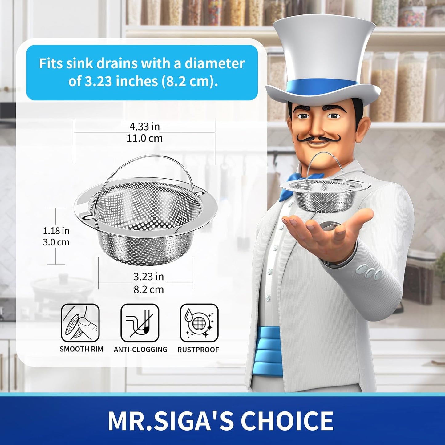 MR.SIGA - Colador de Fregadero Cocina, colador Drenaje Fregadero Acero Inoxidable, Apto para lavaplatos, Paquete de 2