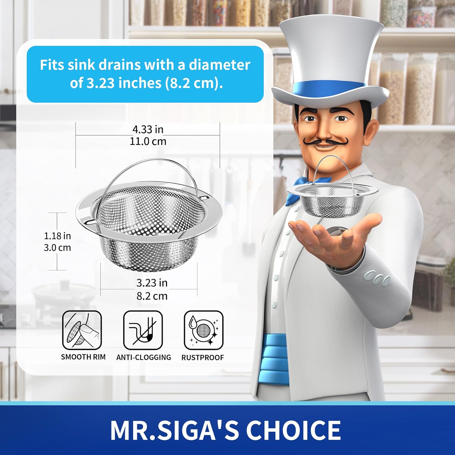 MR.SIGA - Colador de Fregadero Cocina, colador Drenaje Fregadero Acero Inoxidable, Apto para lavaplatos, Paquete de 2