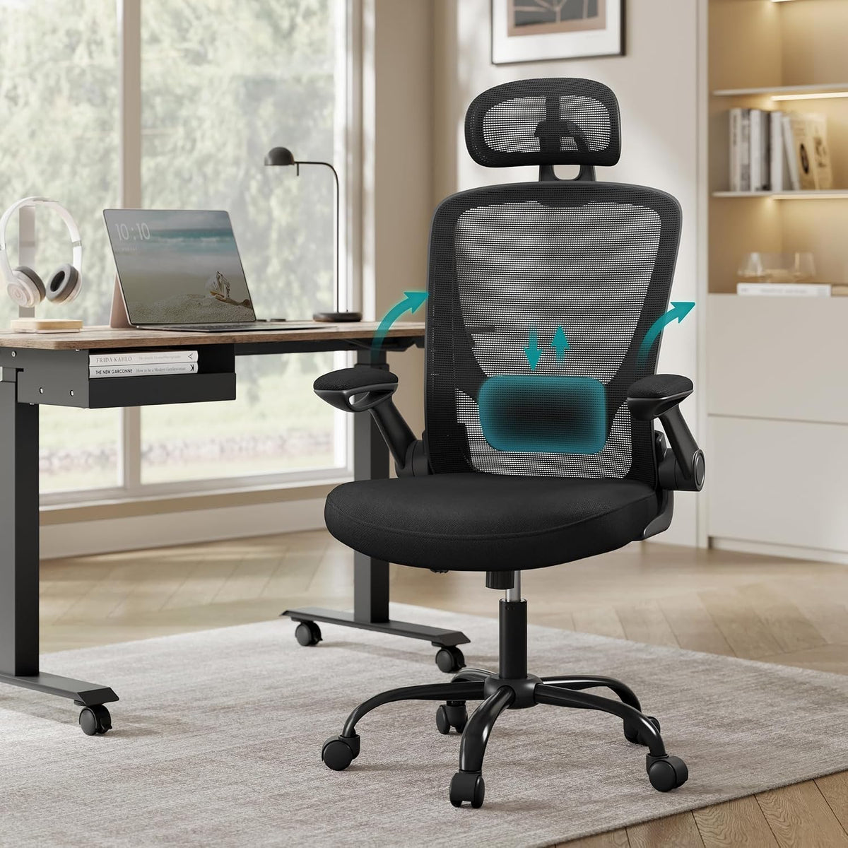 SONGMICS Silla de Oficina Ergonómica, Giratoria de Malla, Soporte Lumbar