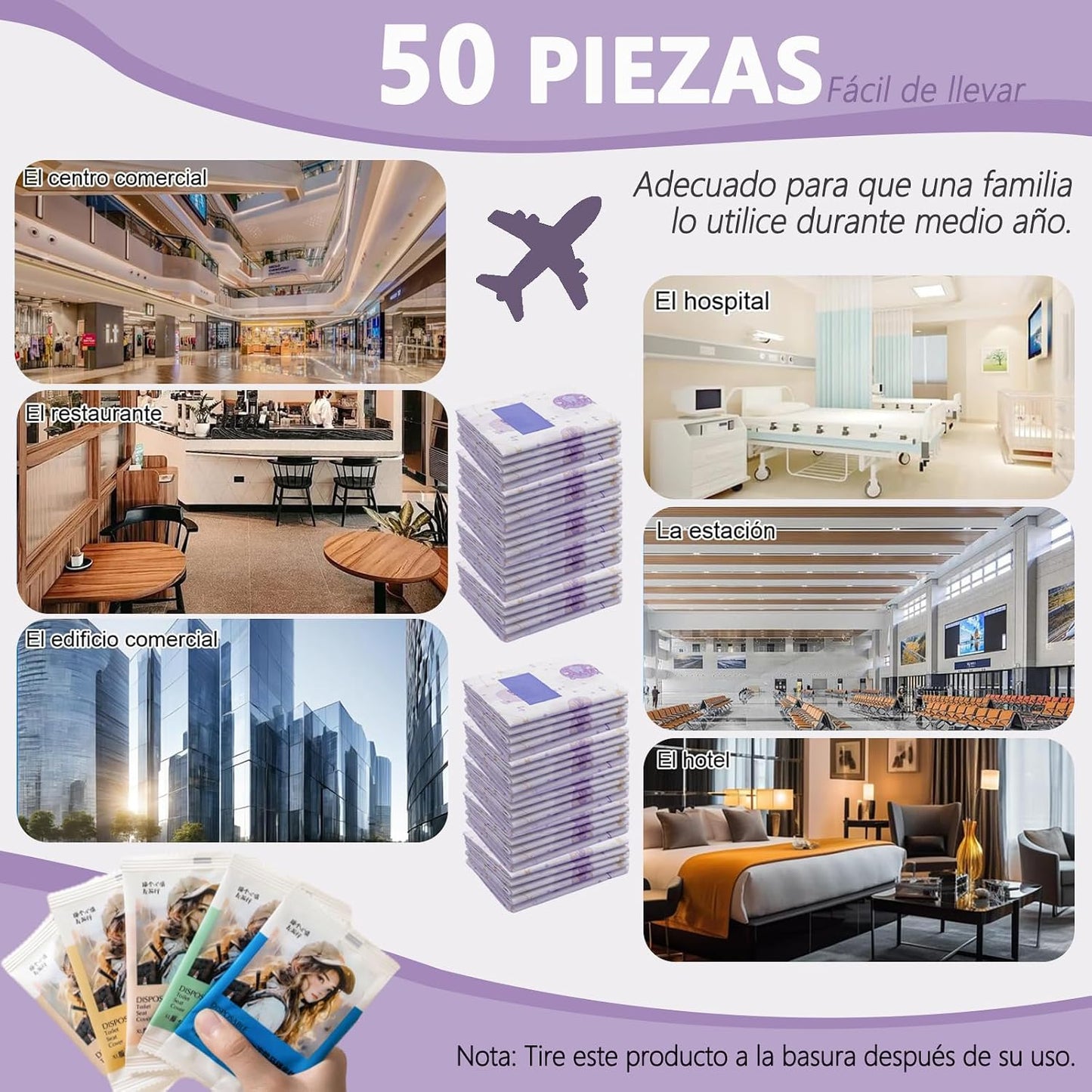 50 Piezas Tapas de Inodoro Desechables, Fundas de Toilet Seat Cover Desechables, Más Grande, para Viajes, Más Grueso e I