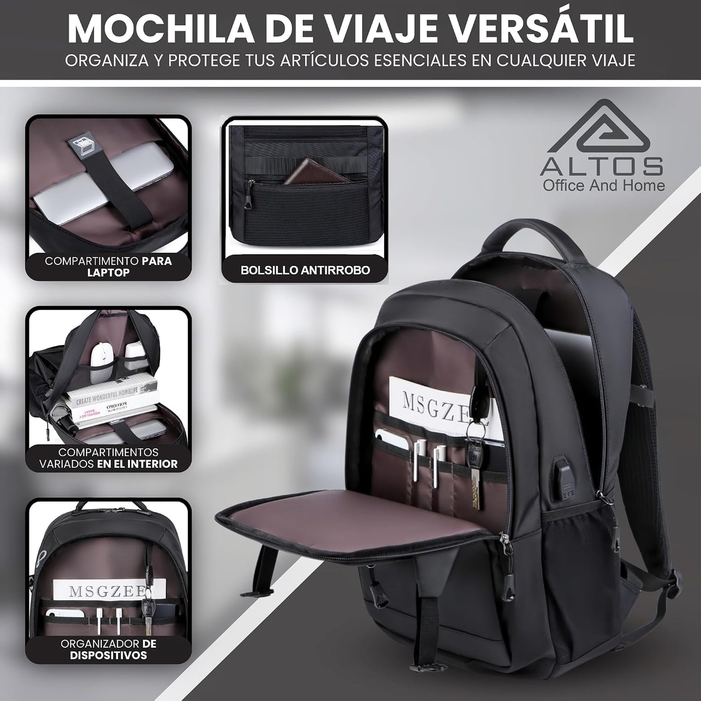 ALTOS OFFICE AND HOME Mochila para laptop, viajes de negocios y estudios, Puerto USB, Laptop hasta 15,6", negra, antirro