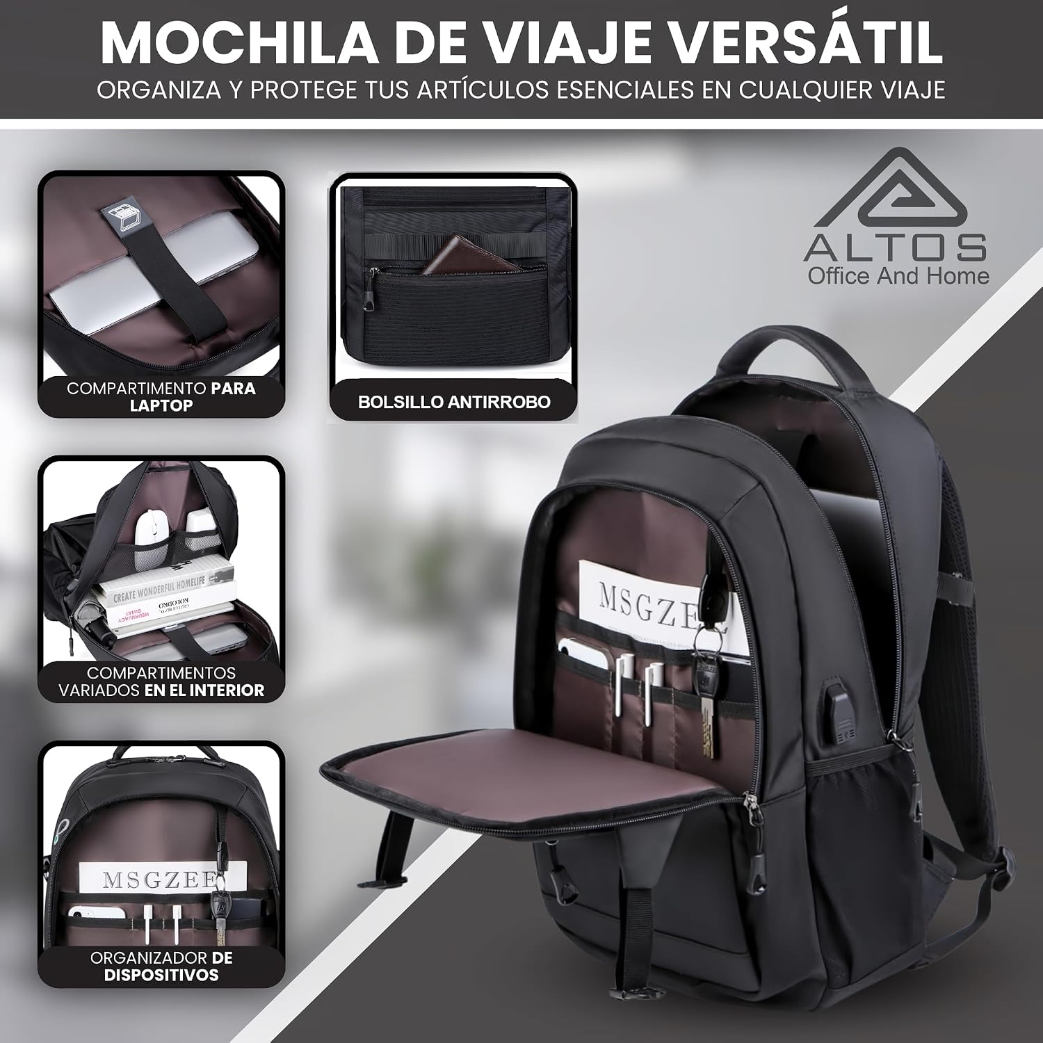 ALTOS OFFICE AND HOME Mochila para laptop, viajes de negocios y estudios, Puerto USB, Laptop hasta 15,6", negra, antirro