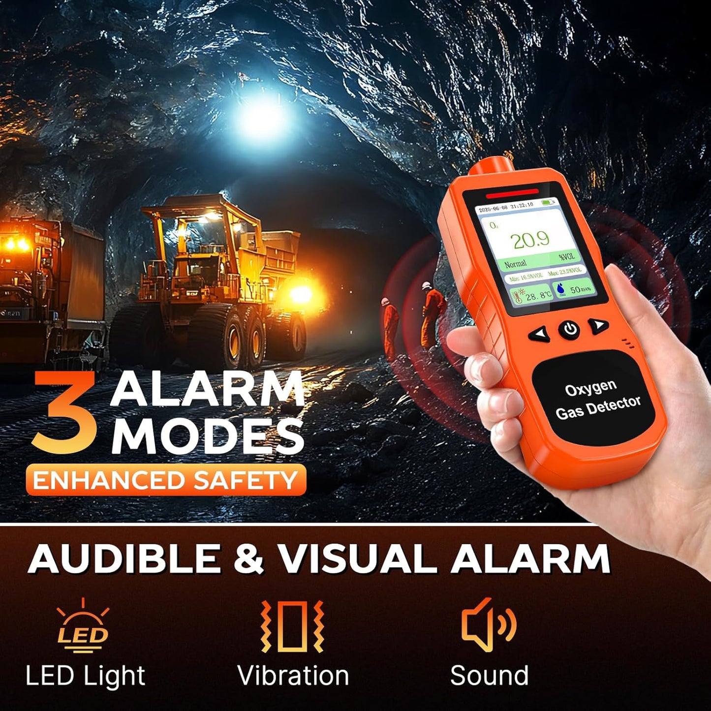 Detector de oxígeno portátil, monitor de O2 recargable con sonido, luz, alarmas de vibración, medidor de calidad del air