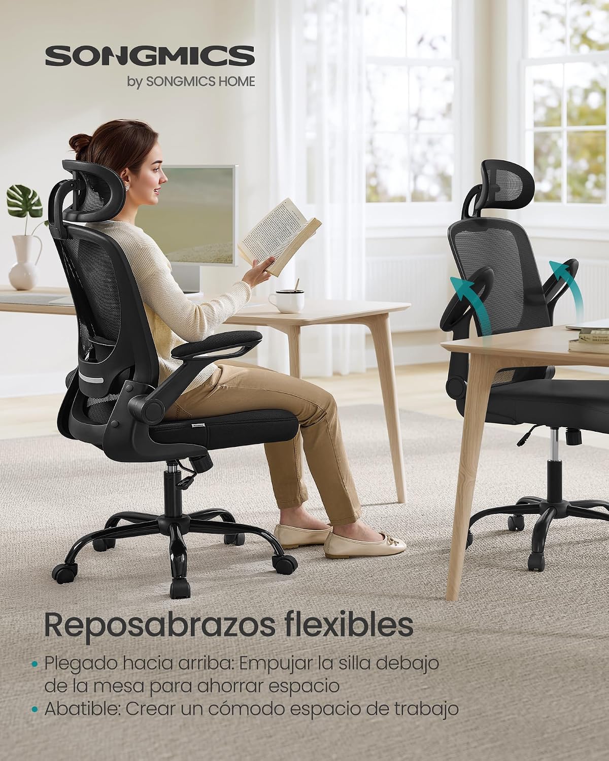 SONGMICS Silla de Oficina Ergonómica, Giratoria de Malla, Soporte Lumbar
