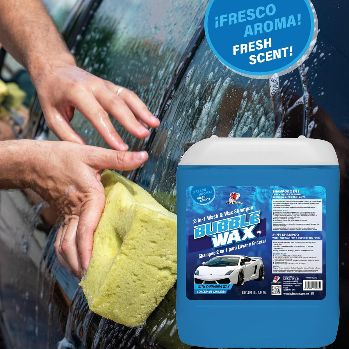 Shampoo Automotriz Abrillantador 2 en 1 para Lavar y Encerar tu auto. 10 LITROS. Con Cera de Carnauba. Detergente de Alt