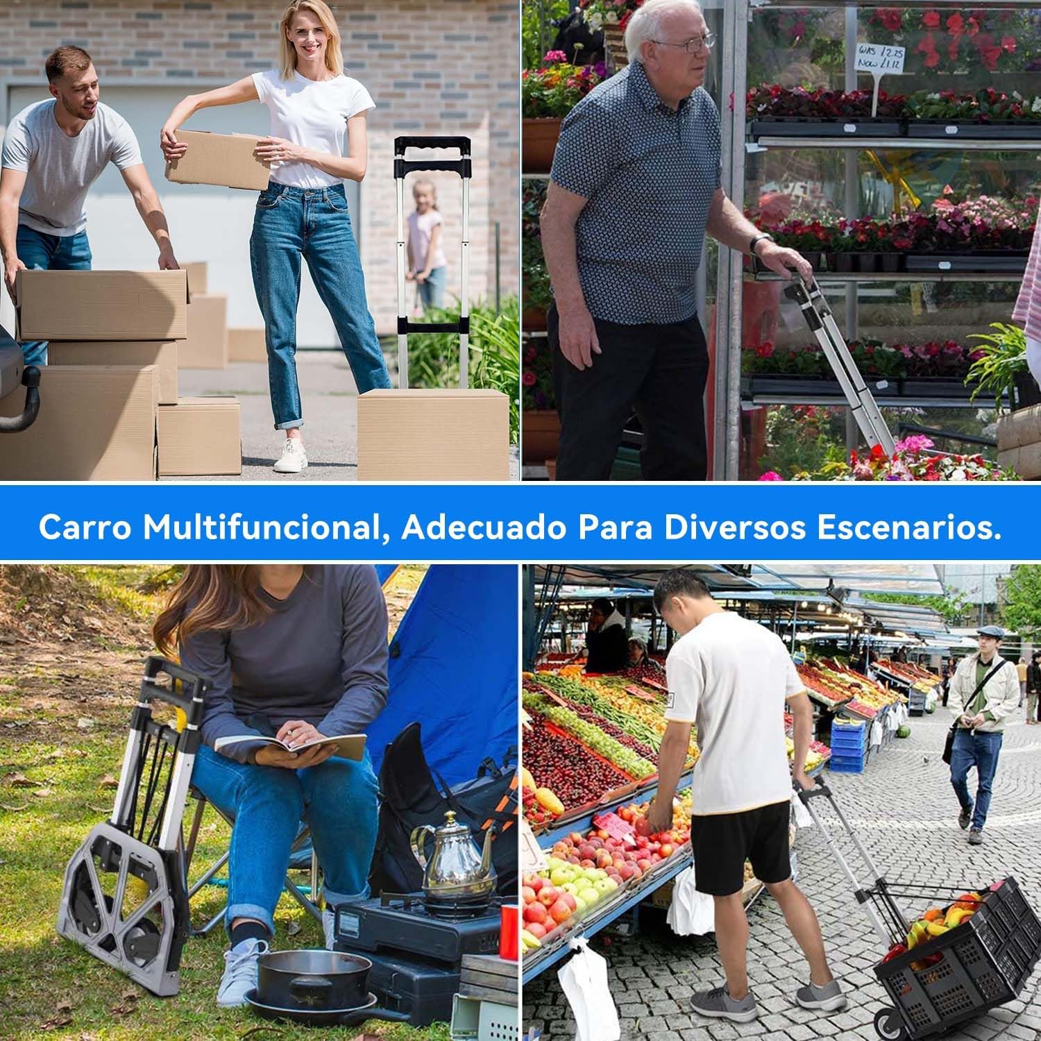 ACOVARK Carro de Mano Plegable, 200 LBS Plegable para Carretilla de Mano,Carro de Compras con Asa Telescópica y Ruedas d