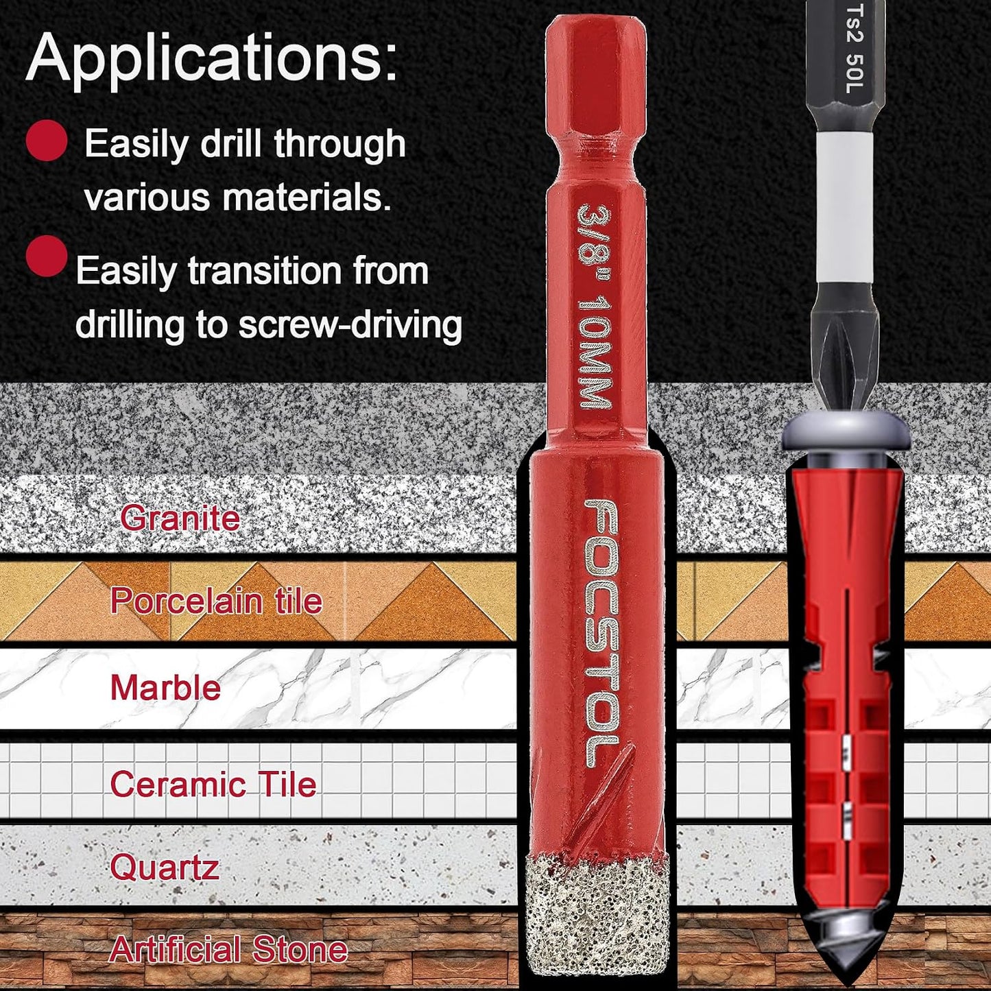 FOCSTOL Juego de Brocas Diamantada 10 piezas, 3/16''-3/8'' Brocas para Porcelánico con Mango Hexagonal Cambio Rápido par
