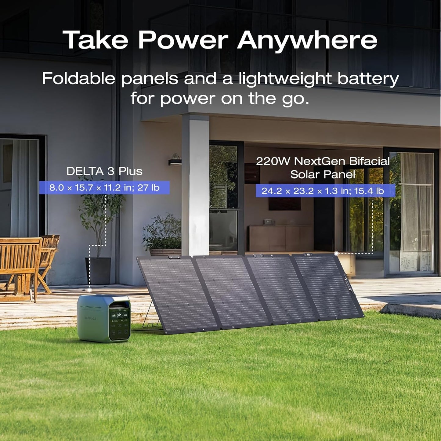 EF ECOFLOW - Generador solar DELTA 3 Plus con panel solar biifacial de 220 W, entrada solar de 1000 W, batería LFP (LiFe