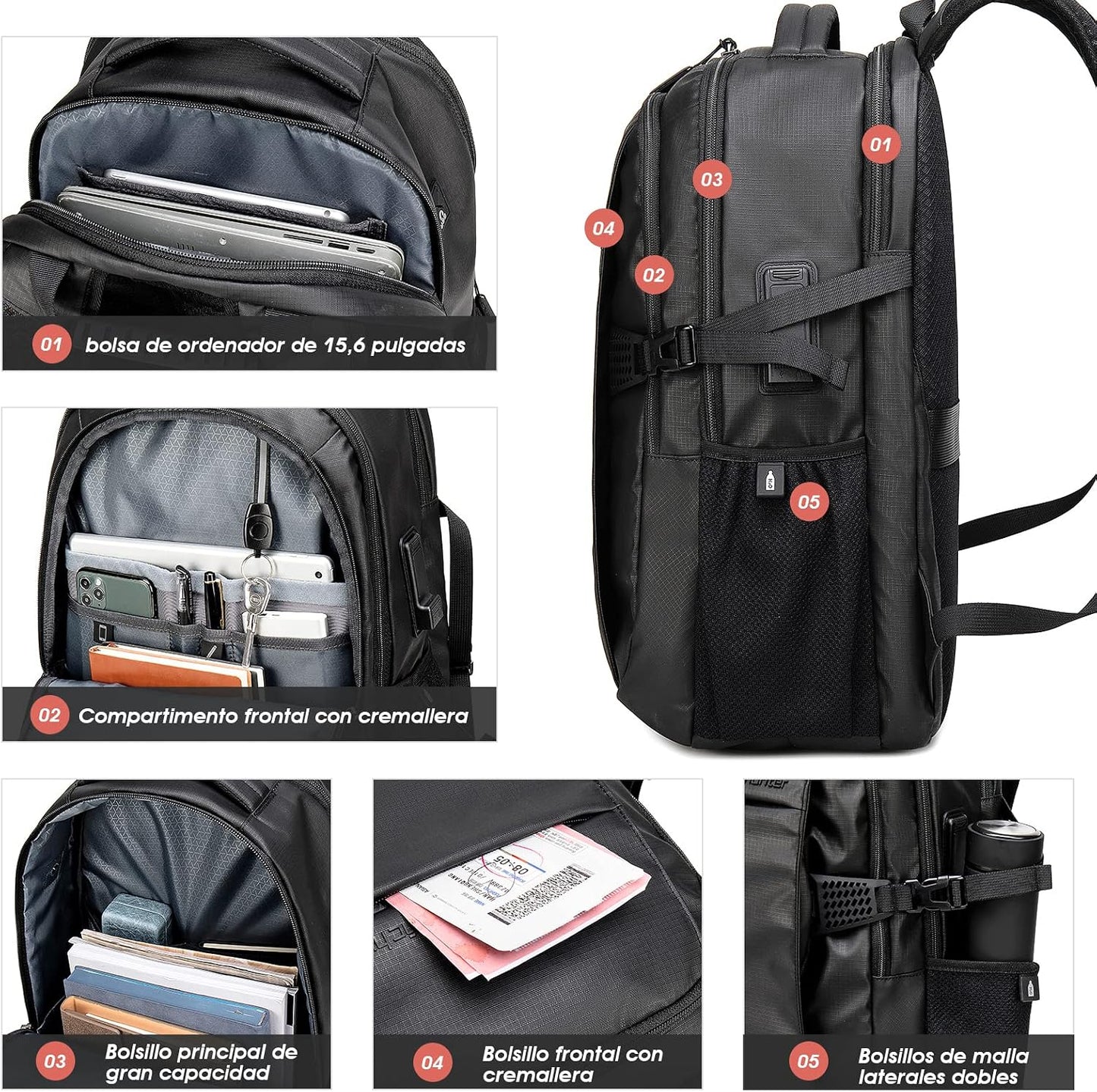 Mochila para Laptop, ARCTIC HUNTER AH Mochila Antirrobo Impermeable con Puerto de Carga USB, Mochila de Negocios con Múl