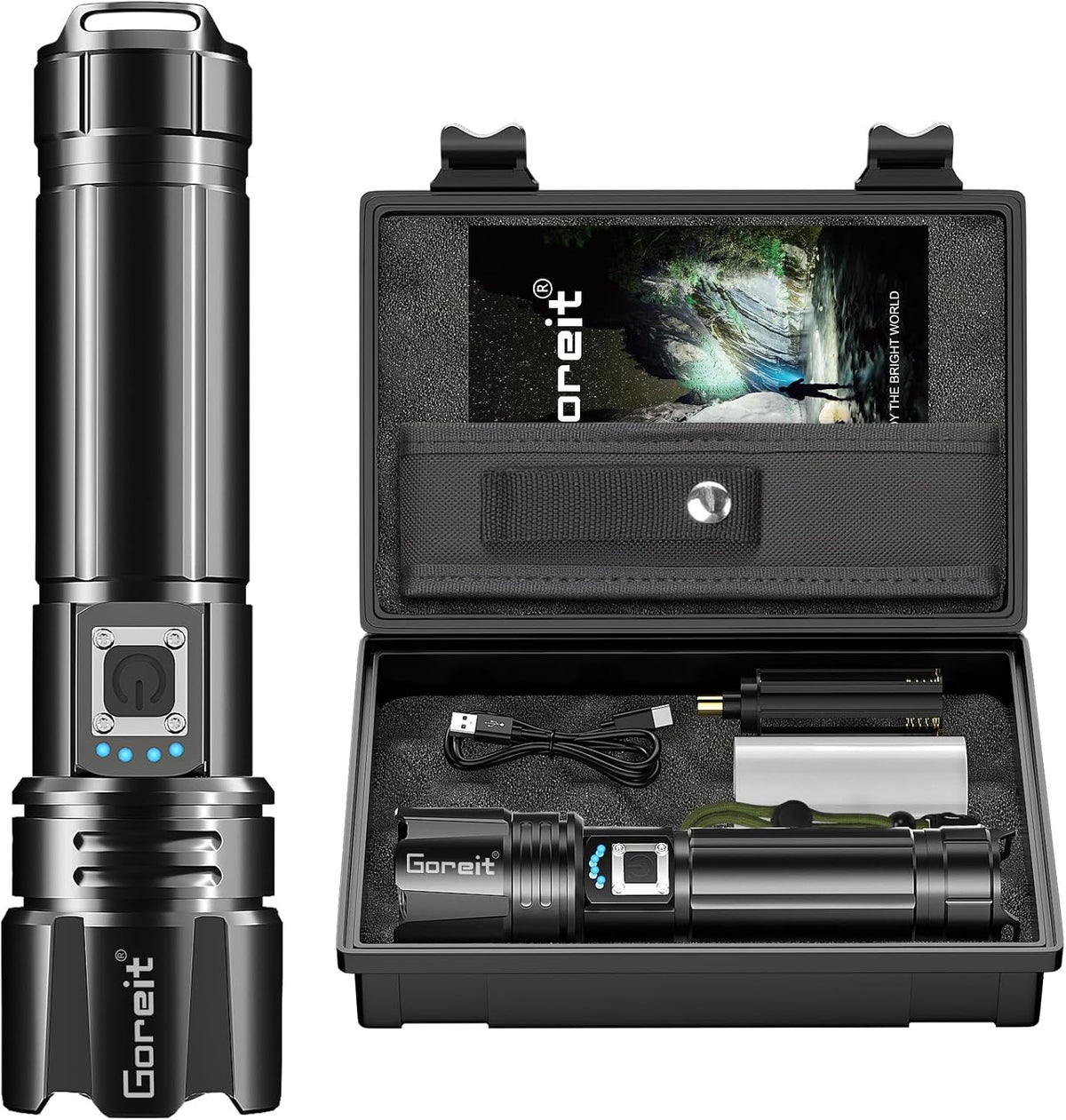 Goreit - Linterna de alta luminosidad recargable, 950000 lúmenes, linterna LED XHP70, 2 USB, superbrillante con pilas, p