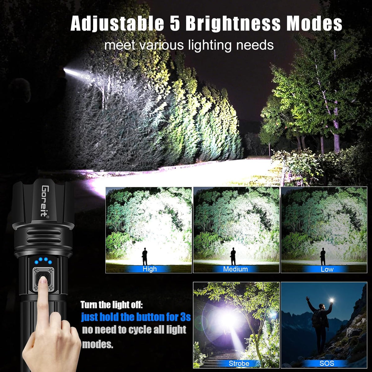 Goreit - Linterna de alta luminosidad recargable, 950000 lúmenes, linterna LED XHP70, 2 USB, superbrillante con pilas, p