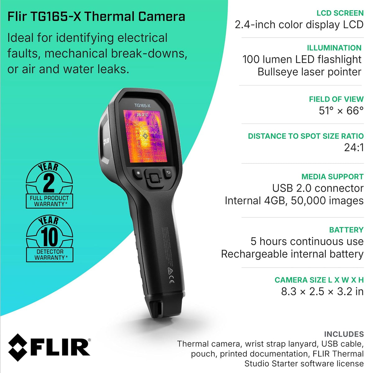 FLIR TG165-X Thermal Imaging Camera with Bullseye Laser: Commercial Grade Infrared Camera for Building Inspection, HVAC 