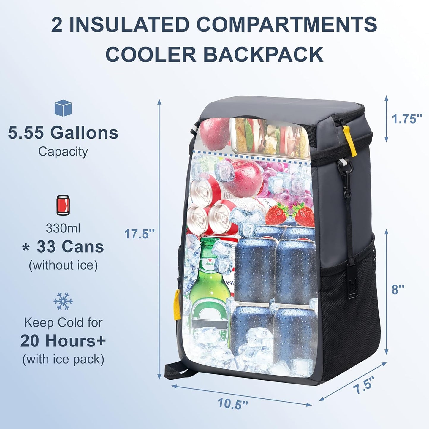 SPARTER Mochila térmica aislada a Prueba de Fugas, 33/45 latas, 2 Compartimentos aislados, Bolsa térmica portátil, Liger