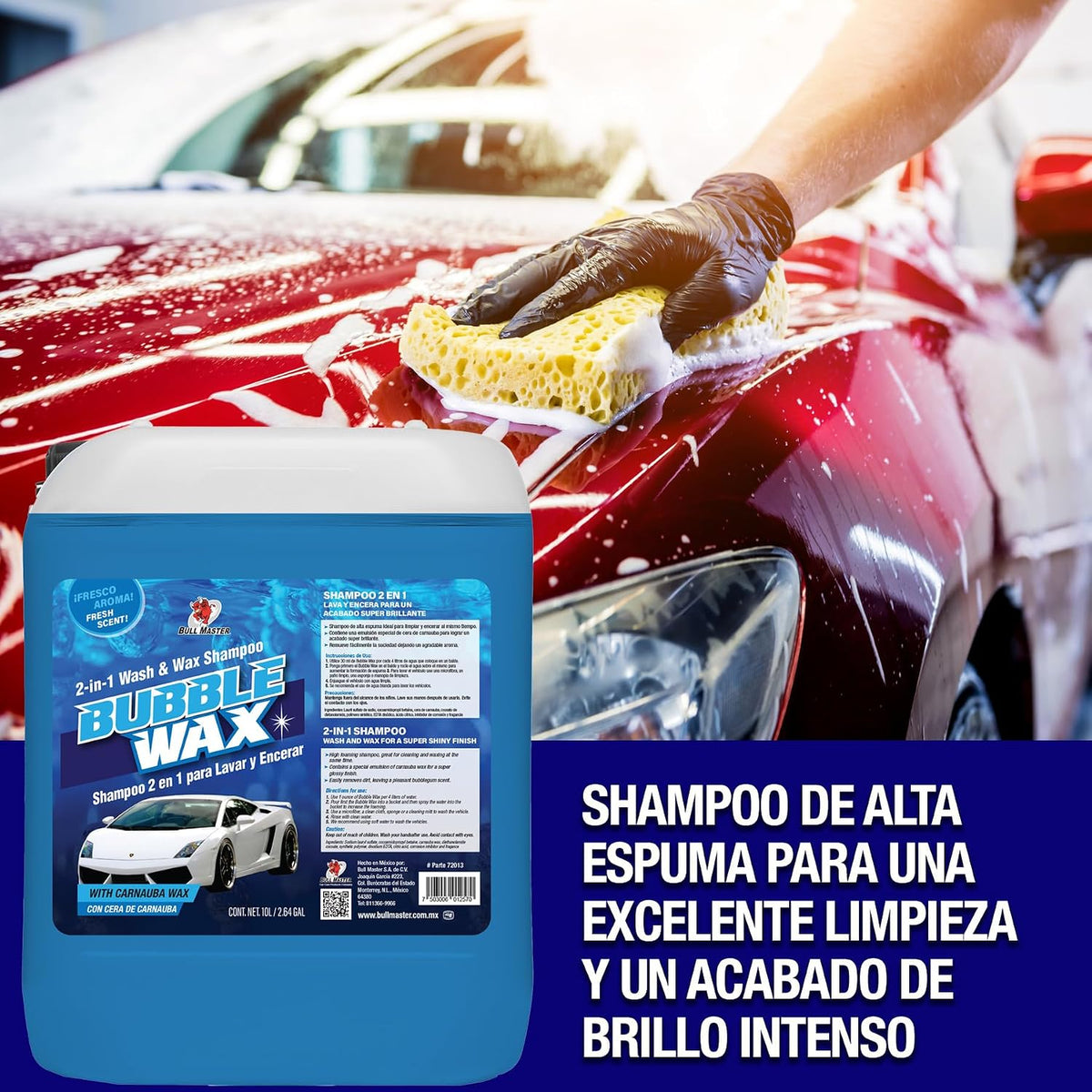 Shampoo Automotriz Abrillantador 2 en 1 para Lavar y Encerar tu auto. 10 LITROS. Con Cera de Carnauba. Detergente de Alt
