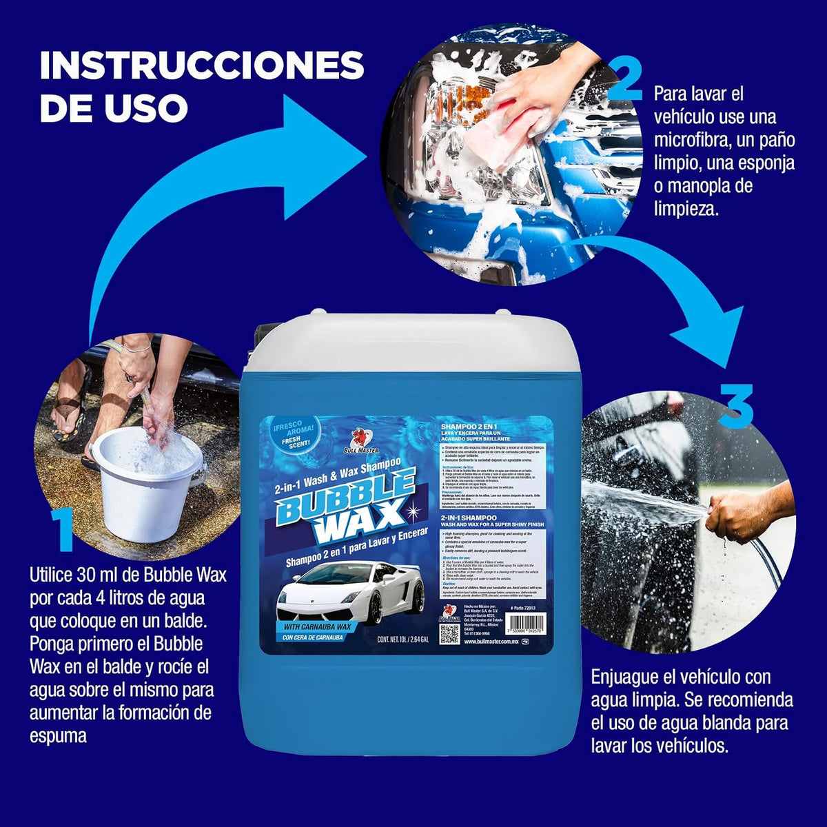 Shampoo Automotriz Abrillantador 2 en 1 para Lavar y Encerar tu auto. 10 LITROS. Con Cera de Carnauba. Detergente de Alt