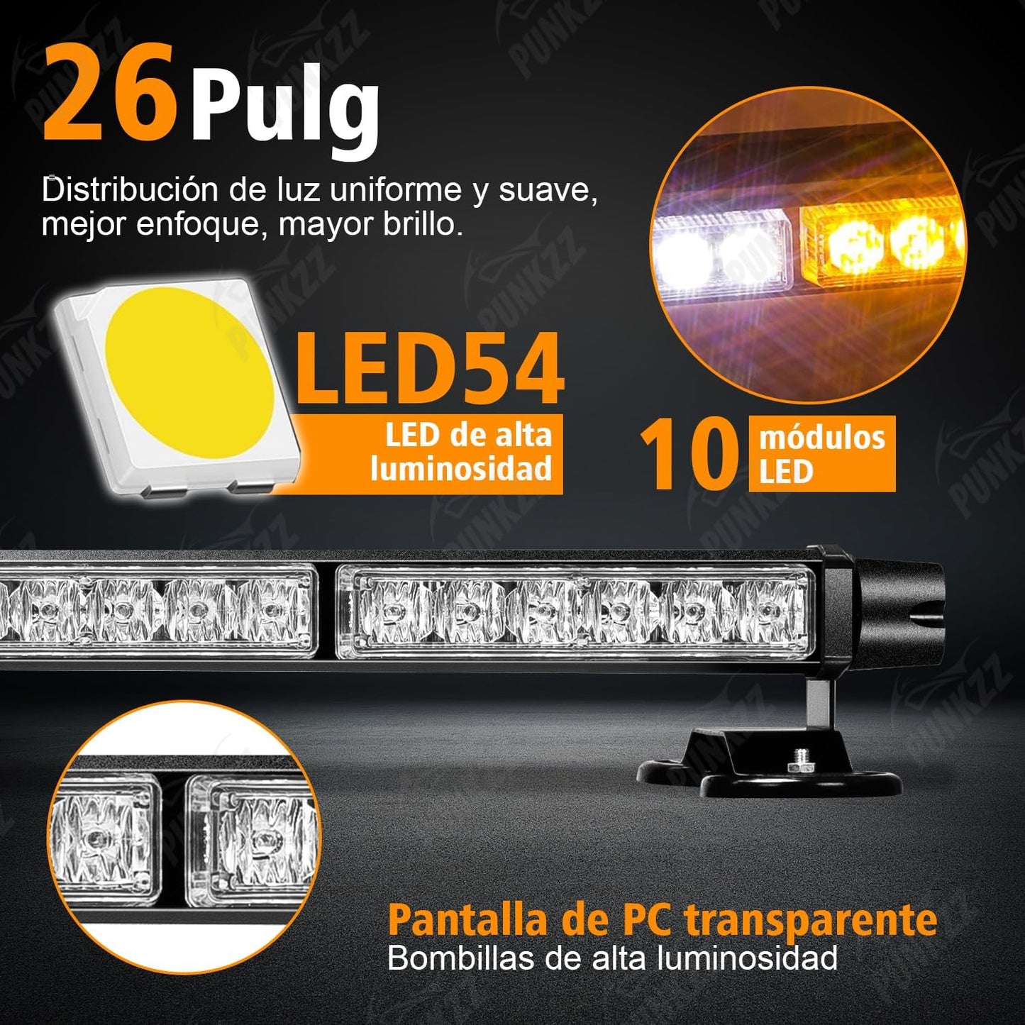 Barra Torreta Estrobo Codigo Leds con Base Magnética 26 PuLG (Amarillo y Blanco)