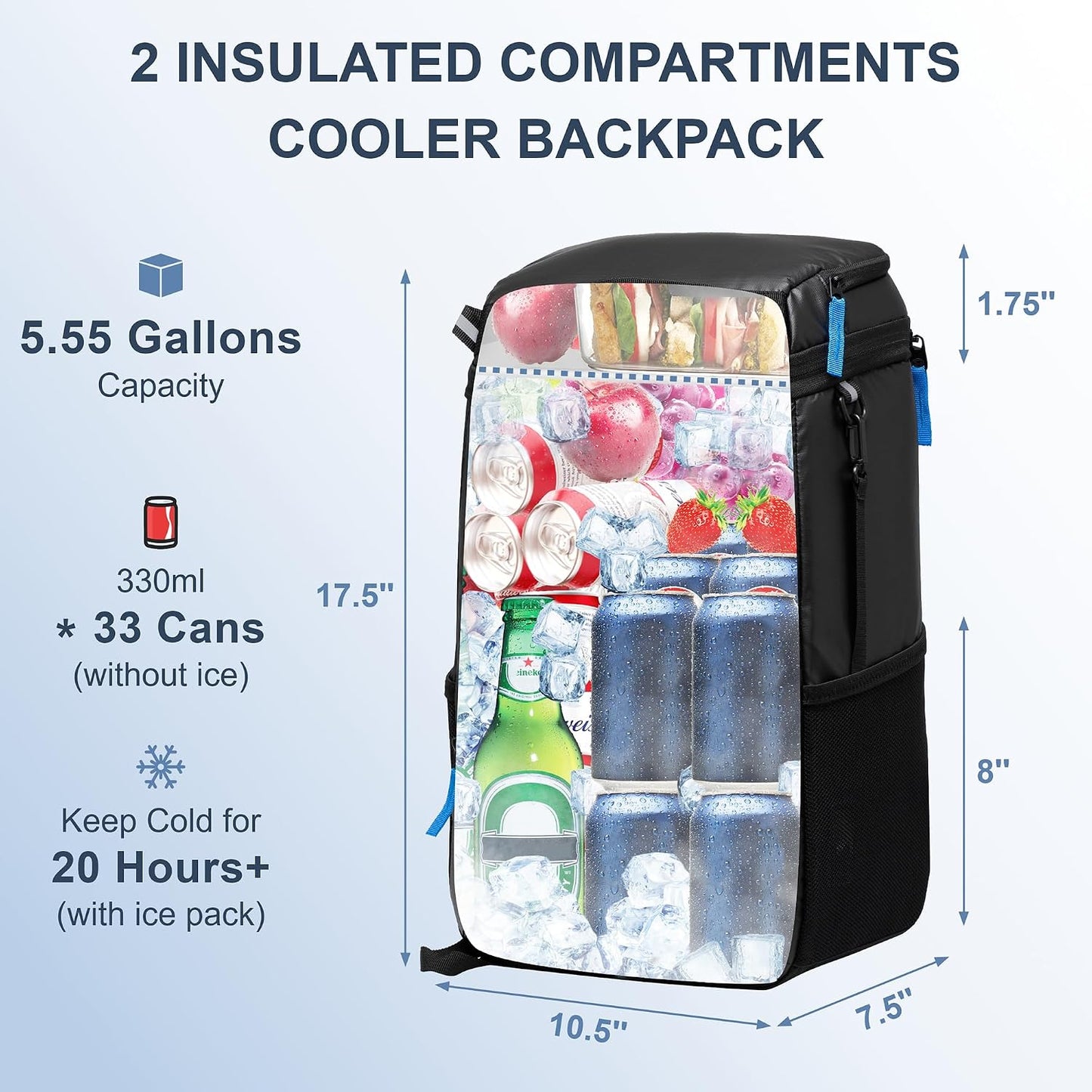 SPARTER - Mochila enfriadora aislada a prueba de fugas para 33/49 latas, bolsa térmica con 2 compartimentos aislados, mo