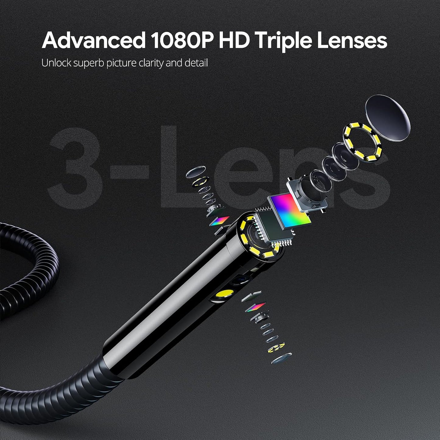 DEPSTECH Boroscopio de Pantalla IPS de 7 Pulgadas, endoscopio de Triple Lente con luz, cámara de inspección de vídeo con