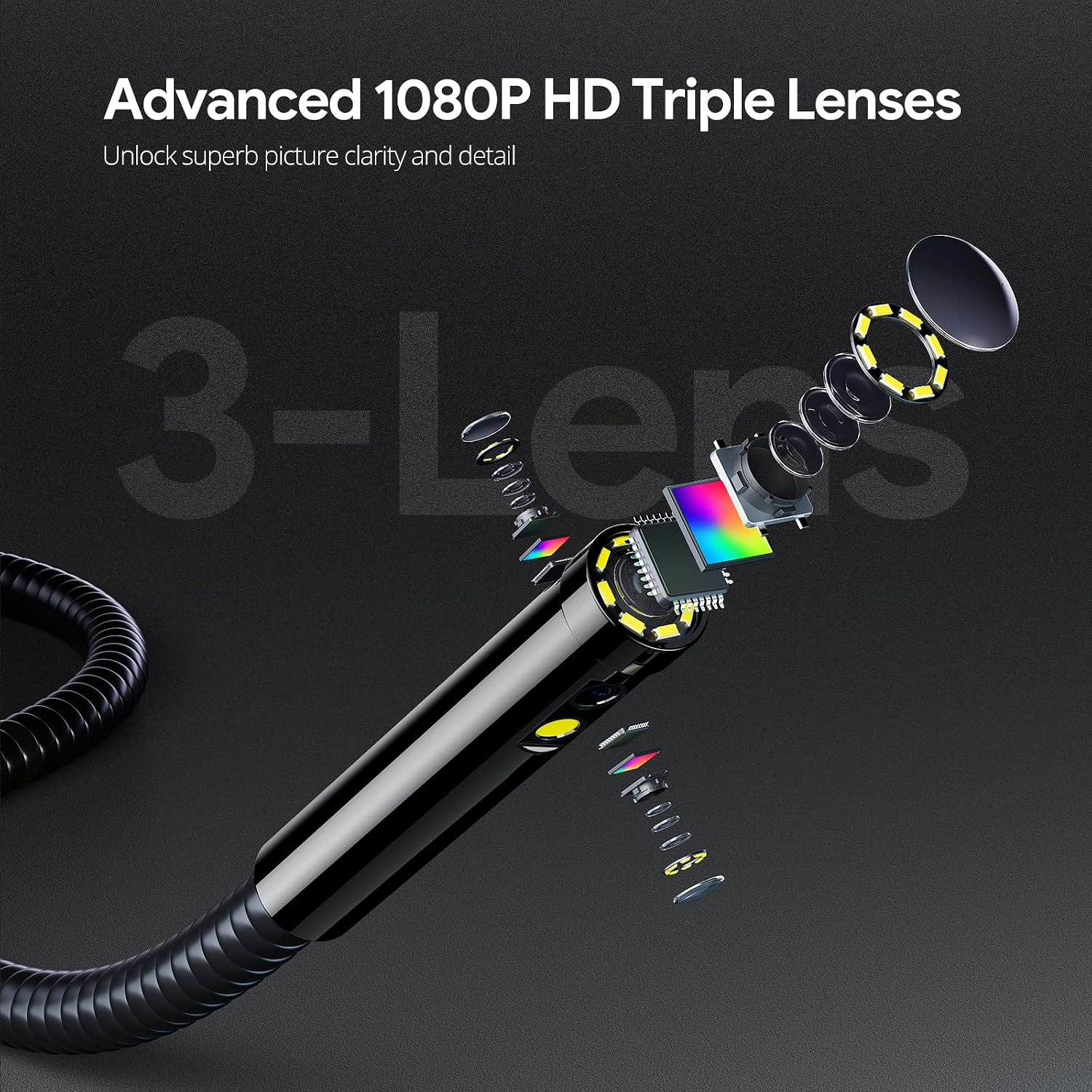 DEPSTECH Boroscopio de Pantalla IPS de 7 Pulgadas, endoscopio de Triple Lente con luz, cámara de inspección de vídeo con