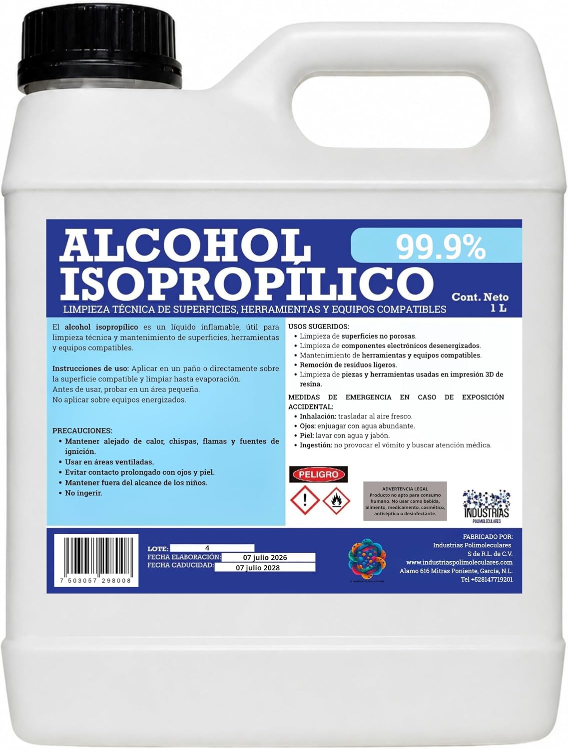 Alcohol Isopropílico 99.9%, 1 Litro, Limpiador para Electrónica, Herramientas e Impresión 3D en Resina