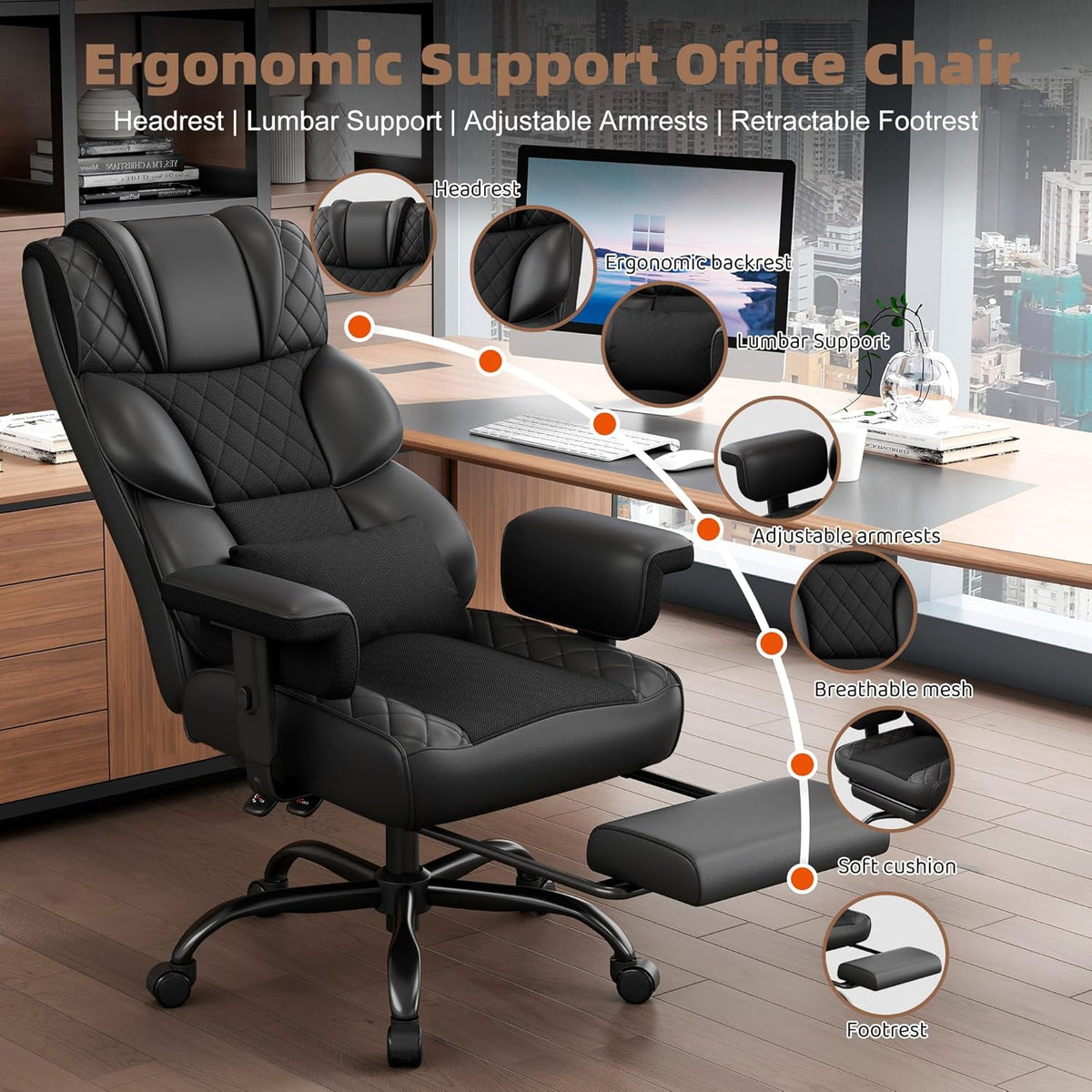 Vonesse - Silla de Oficina Grande y Alta, Silla de Escritorio con Reposabrazos Suaves Ajustables, Silla Ergonómica para 
